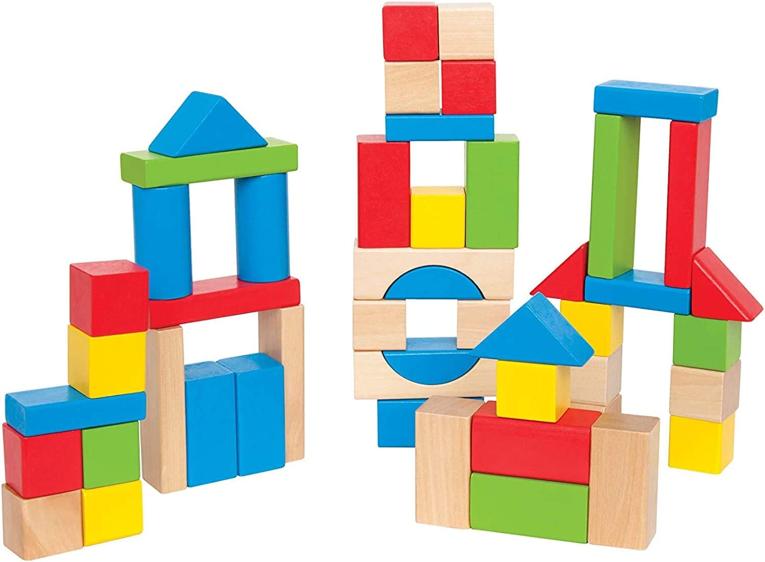 Image of multicolored and sized children's building blocks. 