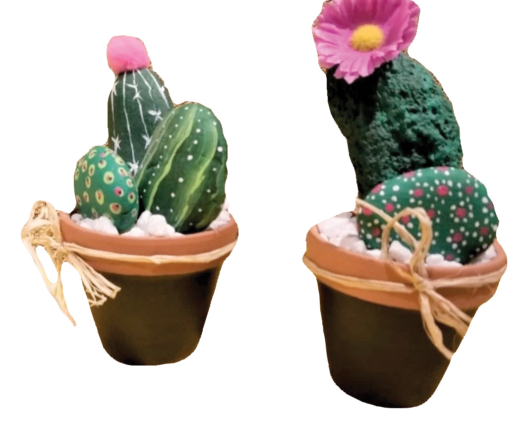 Image of the craft which are painted rocks to look like cacti in a flower pot. 