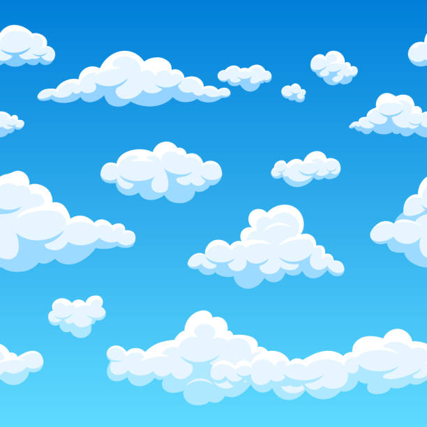 Clipart image of a blue sky with white puffy clouds. 