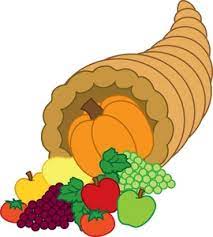 Clipart picture of a cornucopia with pumpkins, apples, grapes and gourds. 