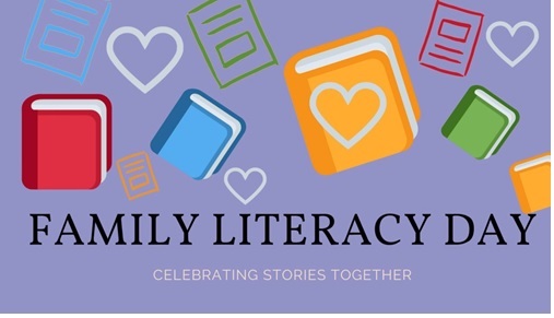 Clipart picture of different color books and hearts. Words Family Literacy Day spelled out. 