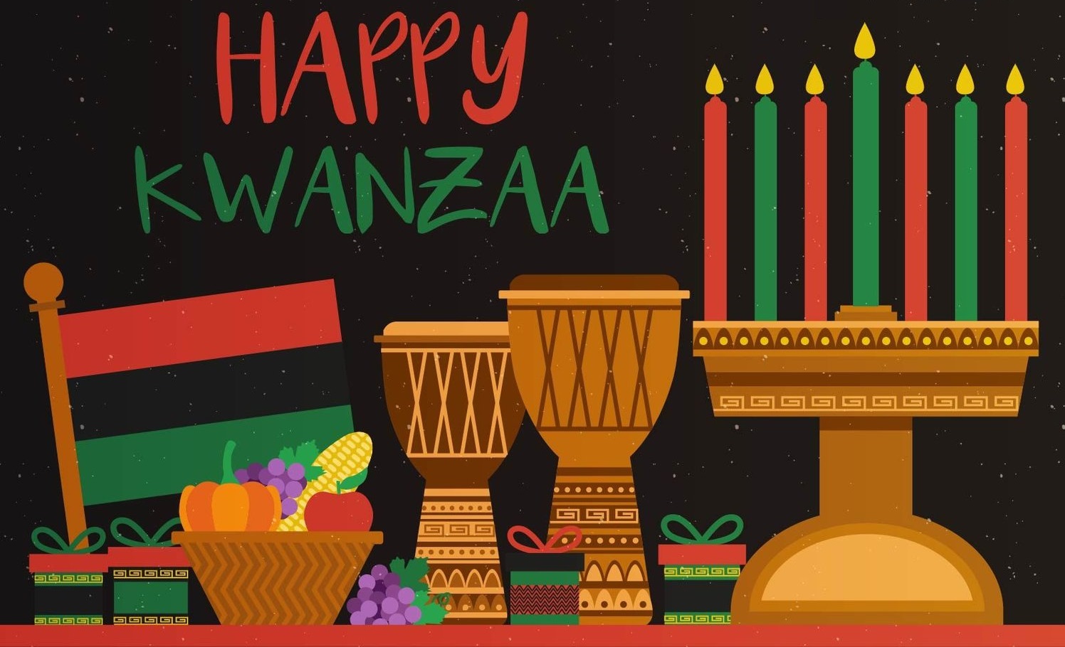 Image of a table with African drums, fruit and a kinara which is a seven-branched candleholder used in Kwanzaa celebrations in the United States. The words say Happy Kwanzaa. 