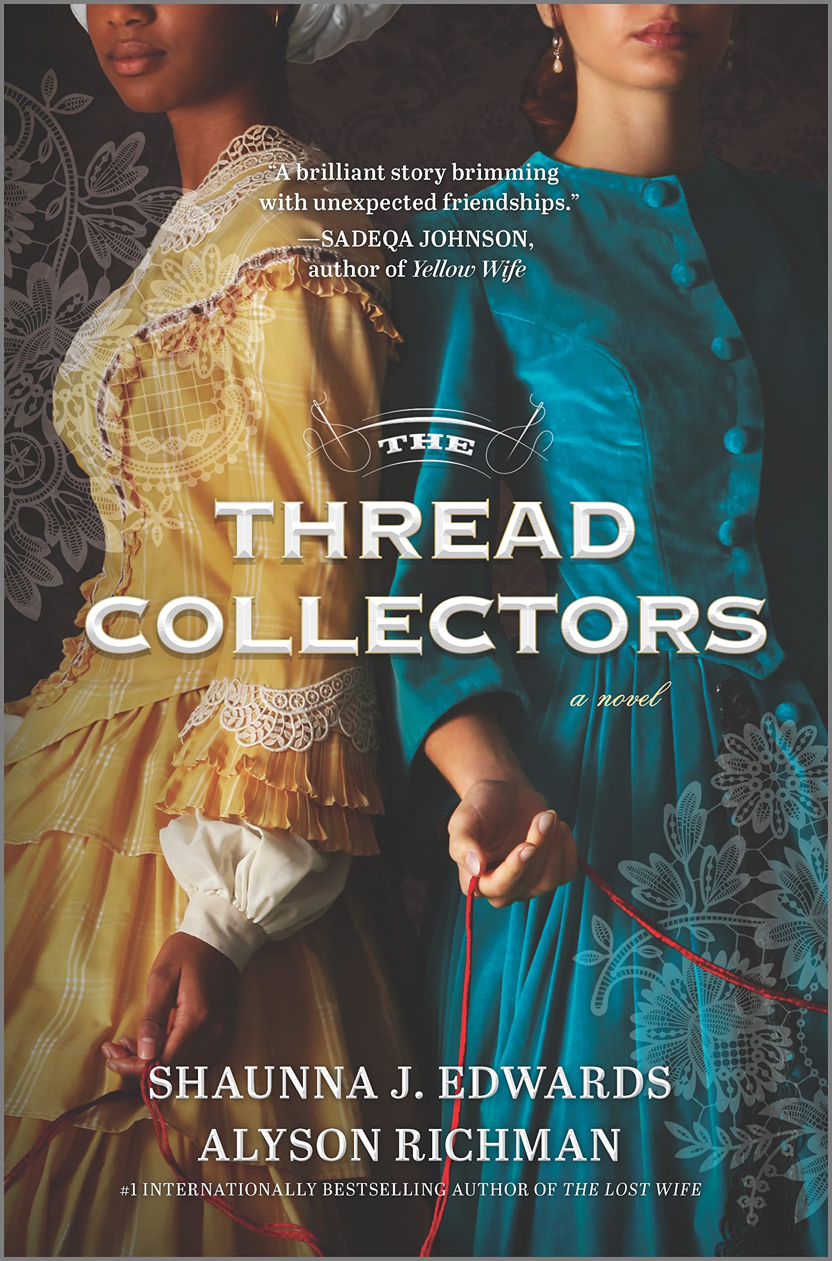 Image of book cover featuring two women dressed in long dresses hands extended with a red thread being held in their hands.