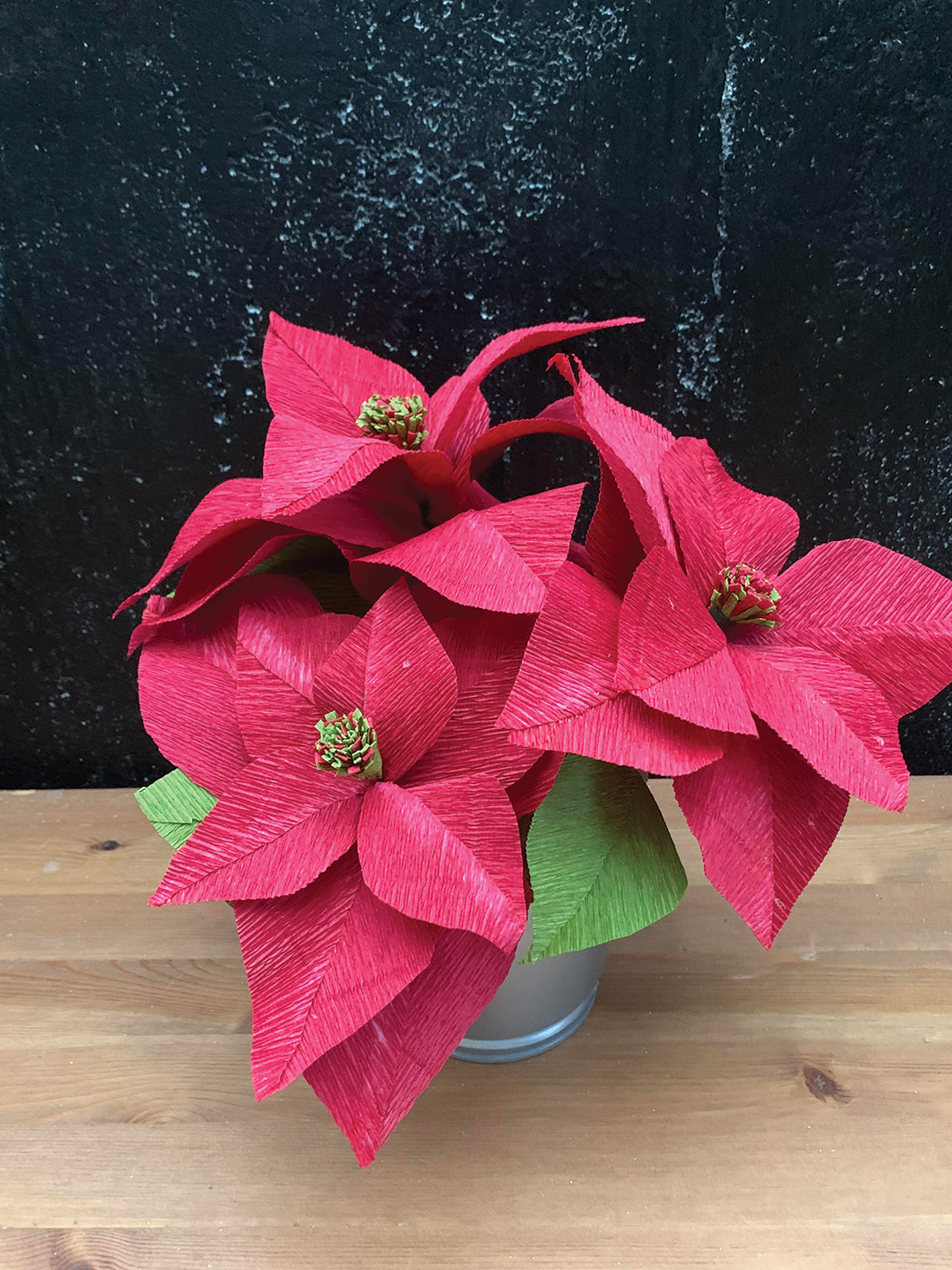 Image of the craft featuring a red poinsettia plant made from crepe paper