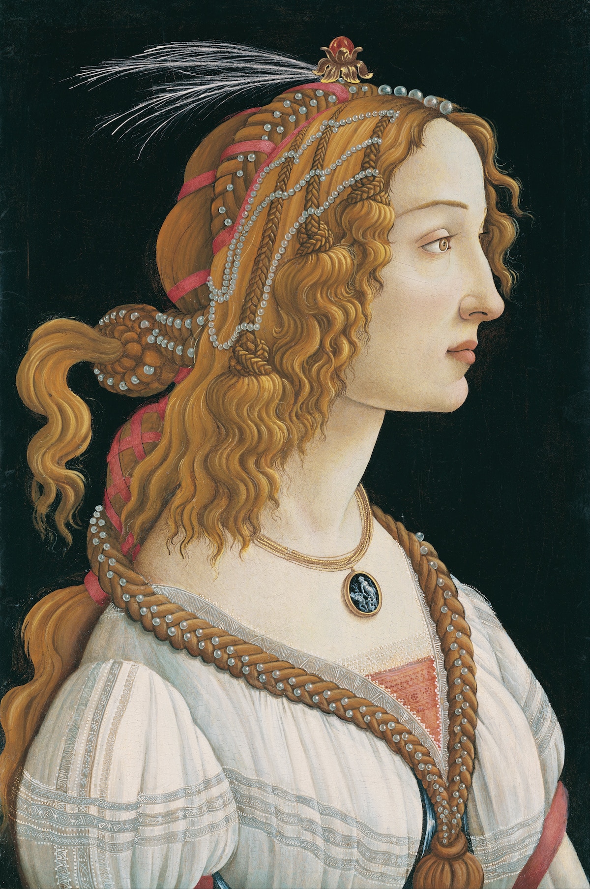Painting by Sandro Boticelli called Portrait of a Lady. Featuring a woman sitting in profile with long hair.