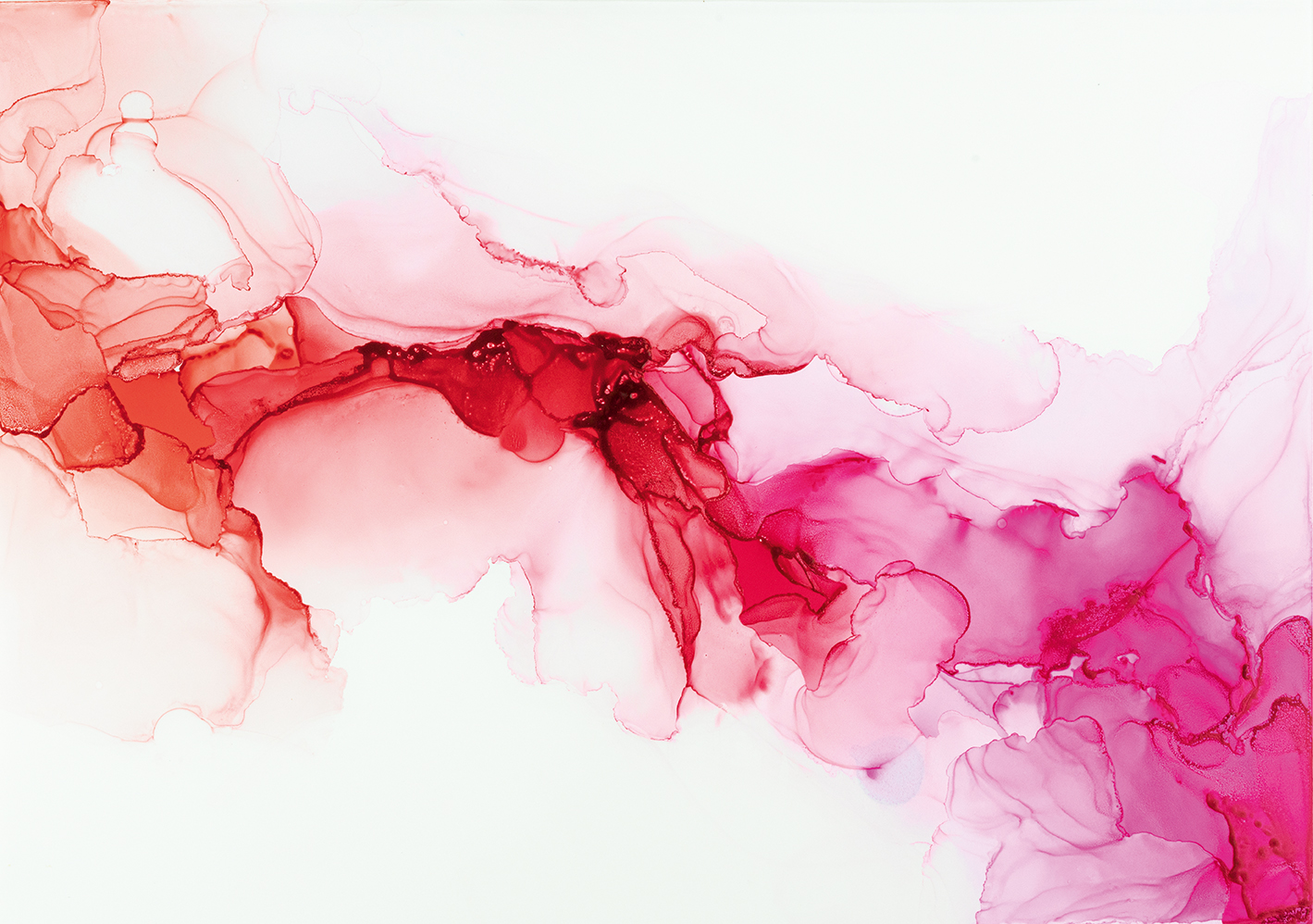 White tile blotted with red and pink alcohol ink in a marbled pattern.