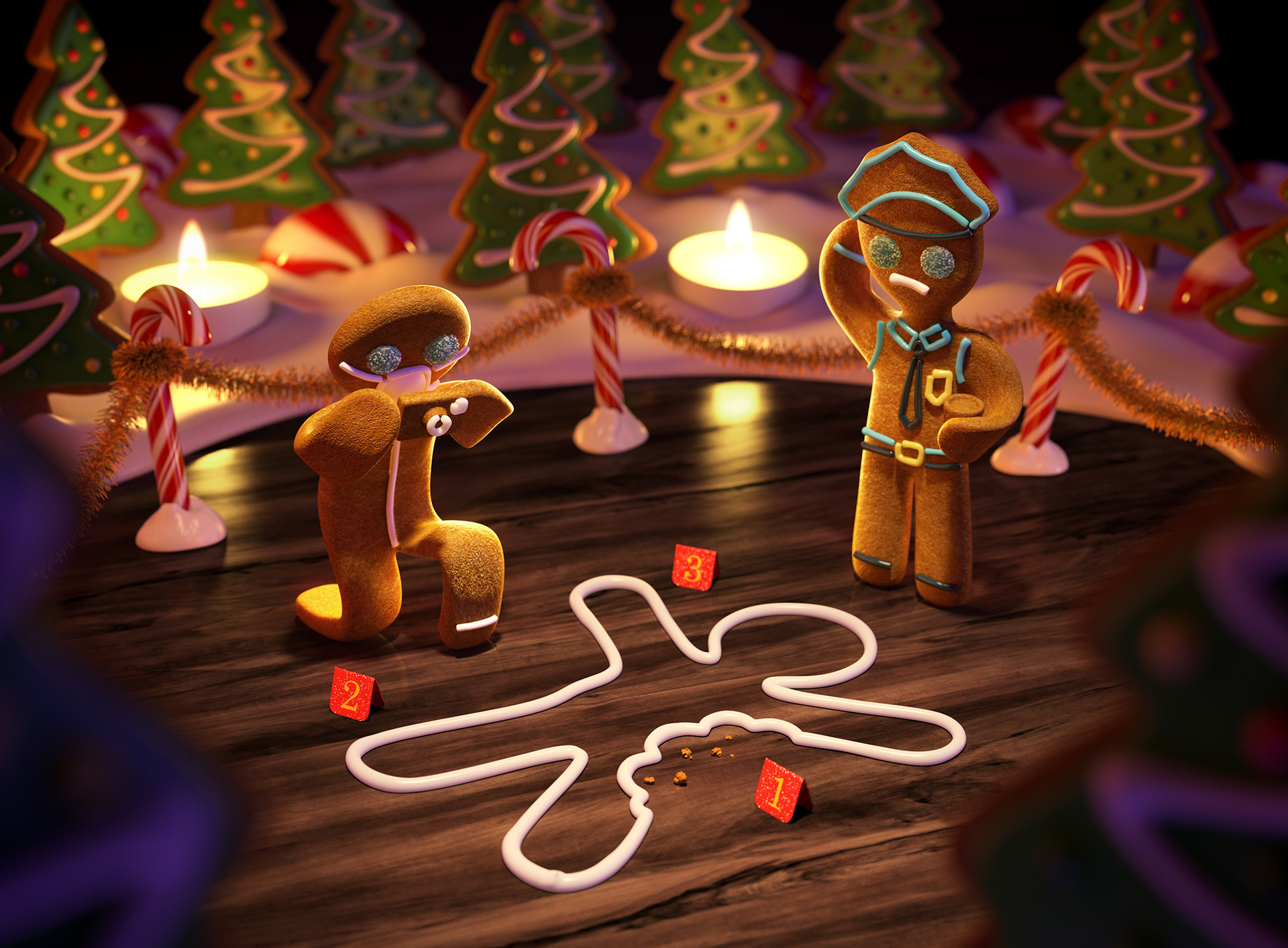 Image of two gingerbread men kneeling at a crime scene of a gingerbread icing outline, taking photos and scratching their heads with cookie trees in the background..