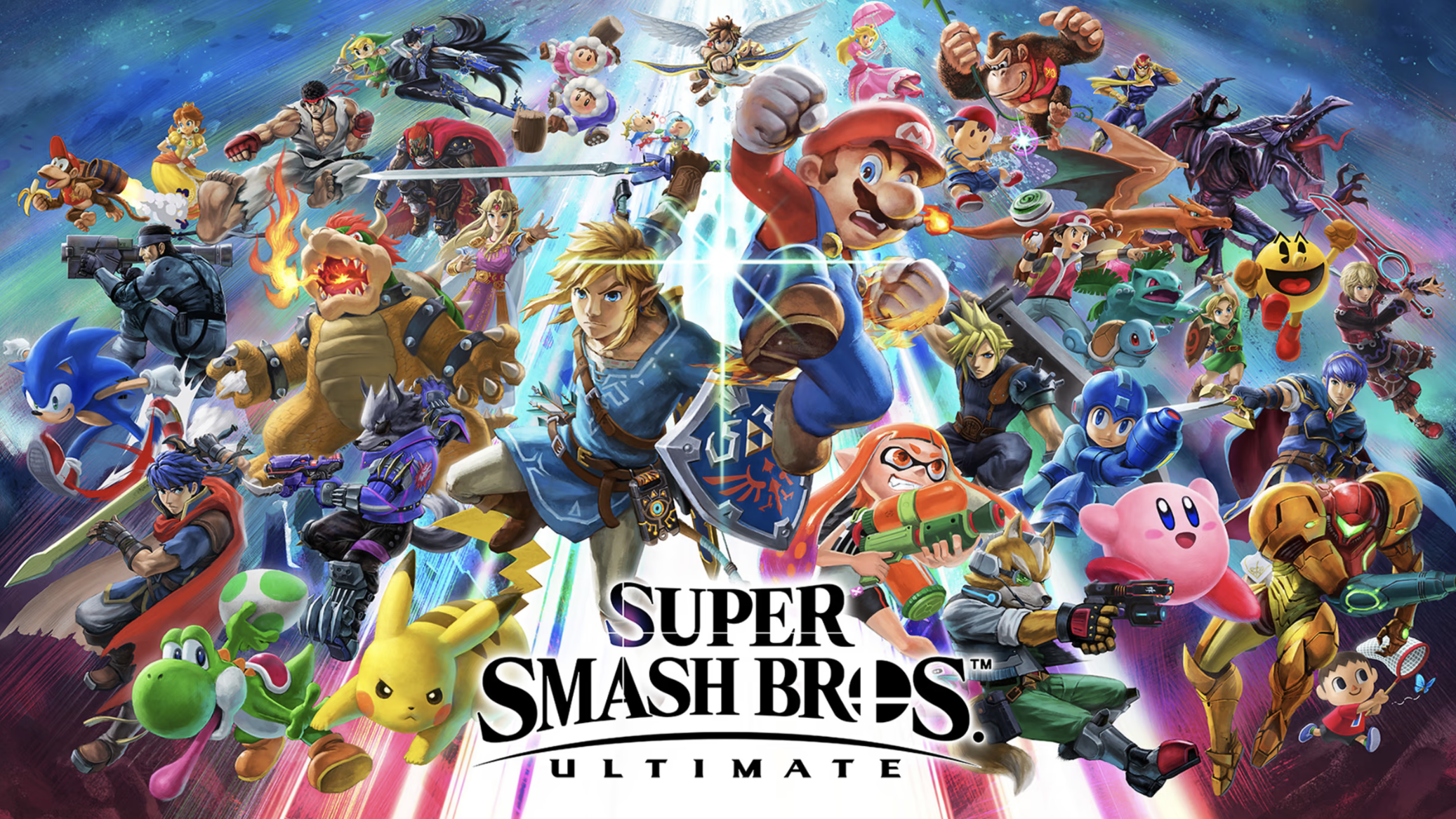 Image of the Super Smash Bros Ultimate loading screen with all the non DLC characters on it.