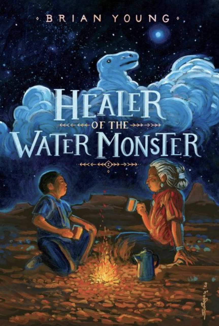 Image of a book titled Healer of the Water Monster, written in all caps and light blue, with clouds in the shape of a reptilian creature, two native figures kneeling at a fireplace and holding mugs under the night sky. The author's name is at the top in a light pink color, "Brain Young," also written in all caps.
