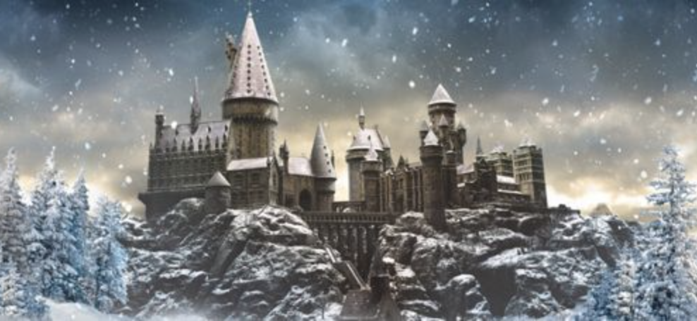Image of Hogwarts Castle with snowfall and snowy trees in the borders.