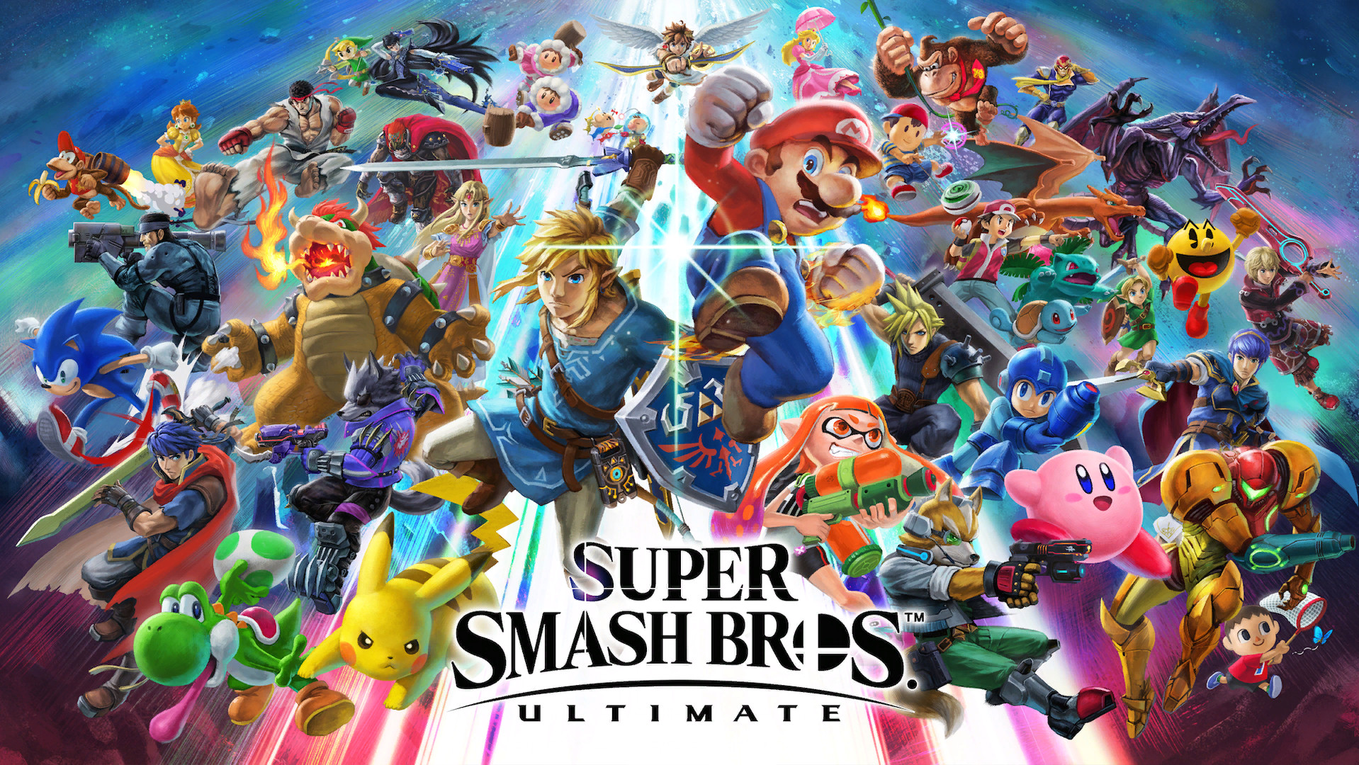 The Smash Ultimate logo with all the characters leaping behind it.
