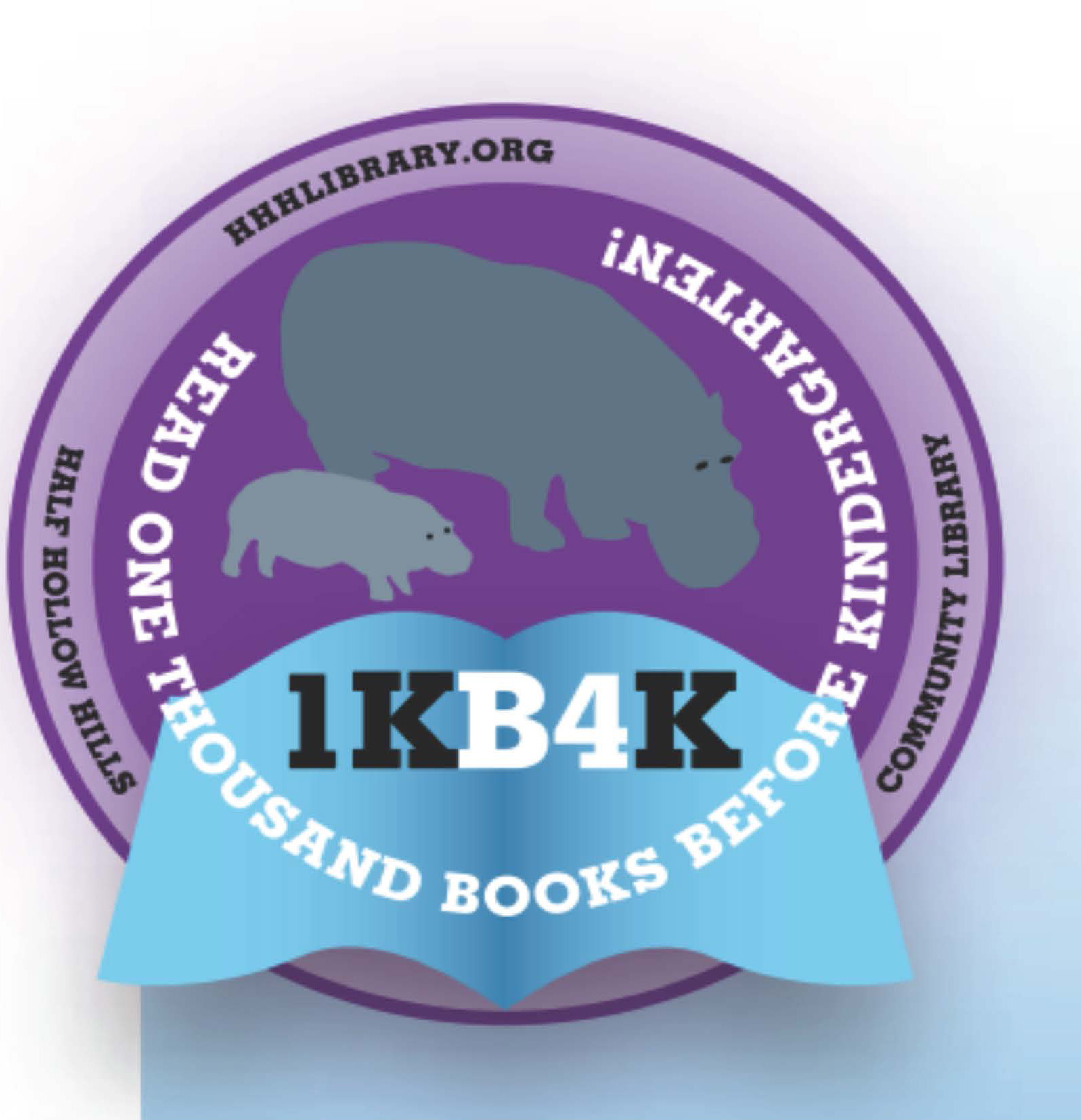 Half Hollow Hills Library graphic for 1KB4K featuring a circle with 2 hippos reading a book. 