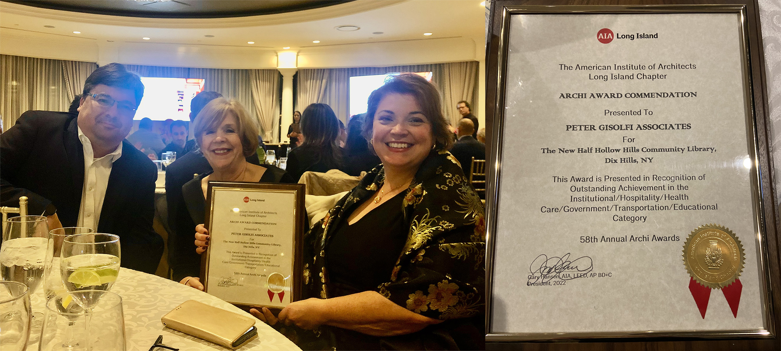 Board President Jacob Goldman, Assistant Director Charlene Muhr, and Director Helen Crosson with the AIA Long Island Archi Award Commendation for Outstanding Achievement