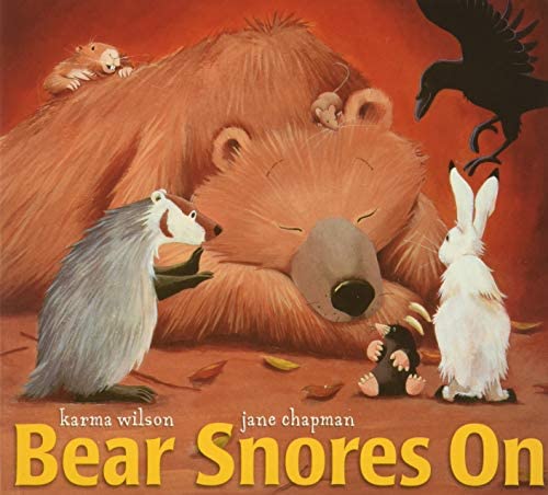 Image of the Book cover for Bear Snores On featuring a bear sleeping with woodland animals around. 