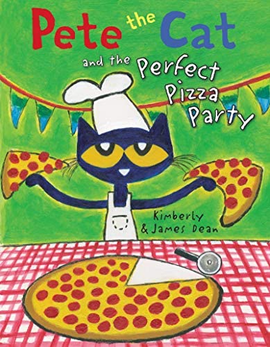 Image of the Book cover featuring Pete the Cat wearing a chef's hat and apron and holding slices of pepperoni pizza.p