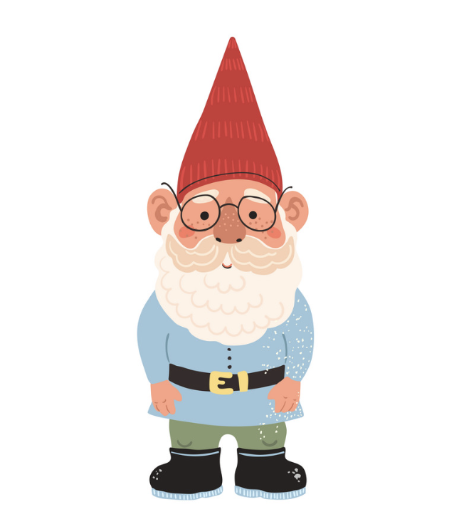 image of a clipart gnome with a red hat, blue shirt, white beard, green pants, black glasses, and wintery black boots.