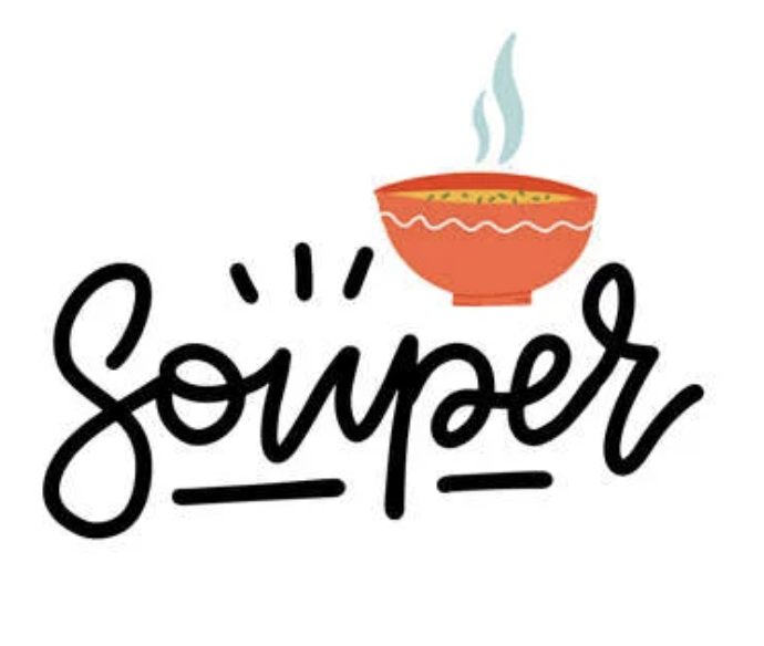 The word SOUPER written in cursive below a red clipart bowl of soup.