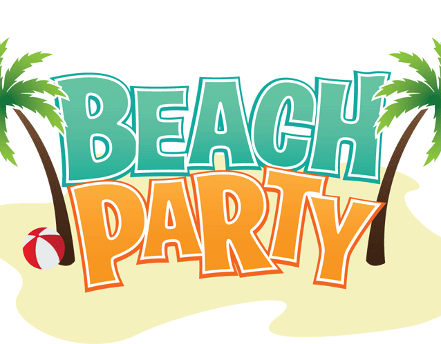 Picture of the words BEACH PARTY, first word written in teal, second in orange, over a  background of sand, palm trees, and white/red striped beach balls.