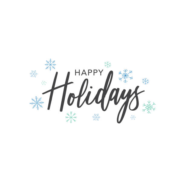The words Happy Holidays written in cursive over a white background and with blue accenting snowflakes around it
