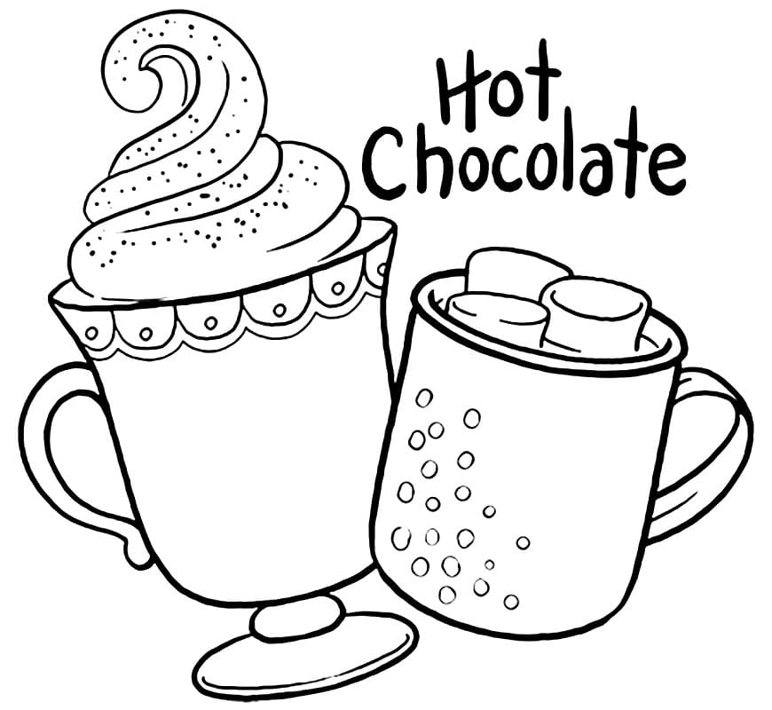 Image of two mugs of hot chocolate, one with whipped cream, the other with marshmallows, drawn as a coloring page/as line art.