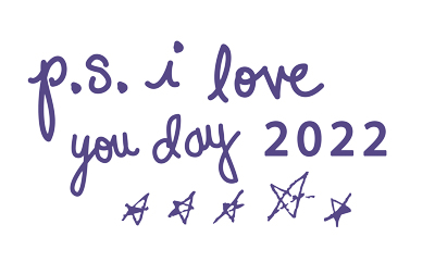 the words p.s. i love you day is scrawled in purple over a blank background, with drawn stars beneath it.
