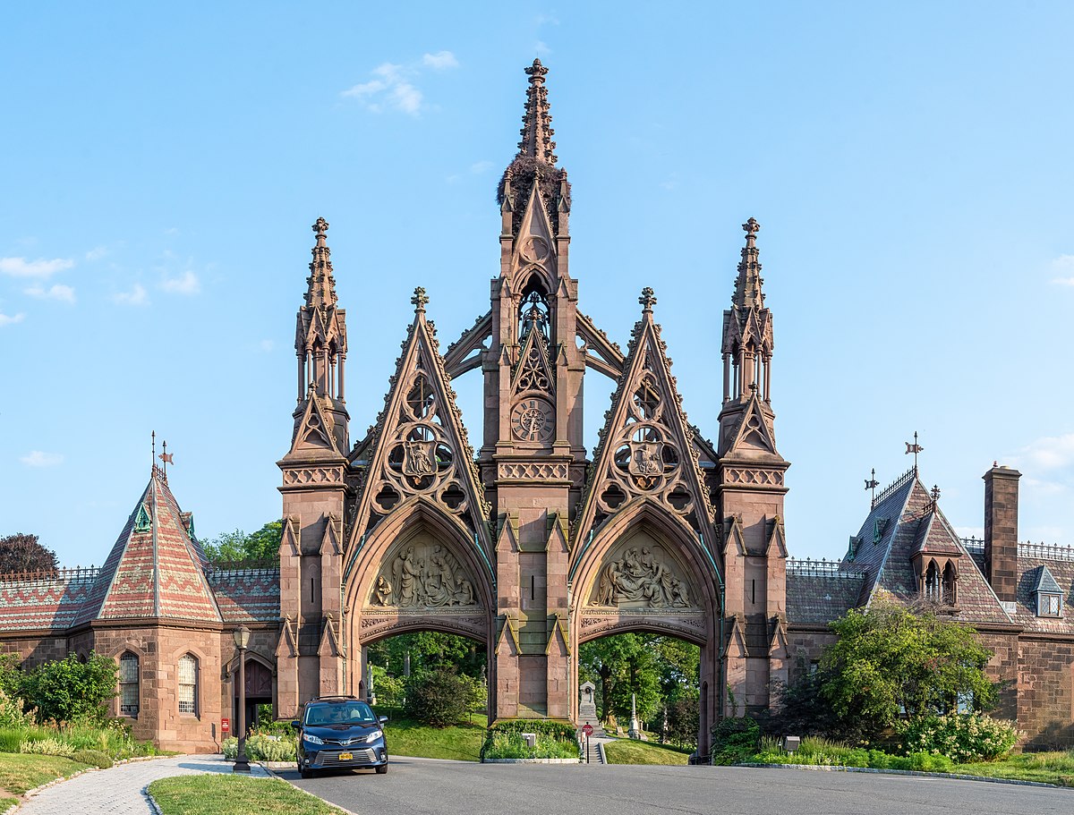 Photograph of a gothic stone structure at the gates of the Greenwood Cemetery in Brooklyn, NY