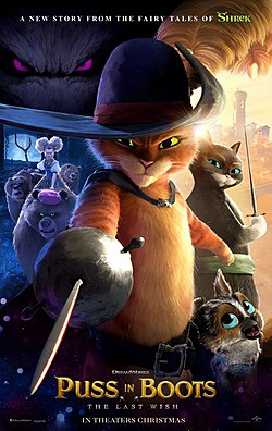 Image of the movie poster featuring an animated cat with a hat pointing a sword. 