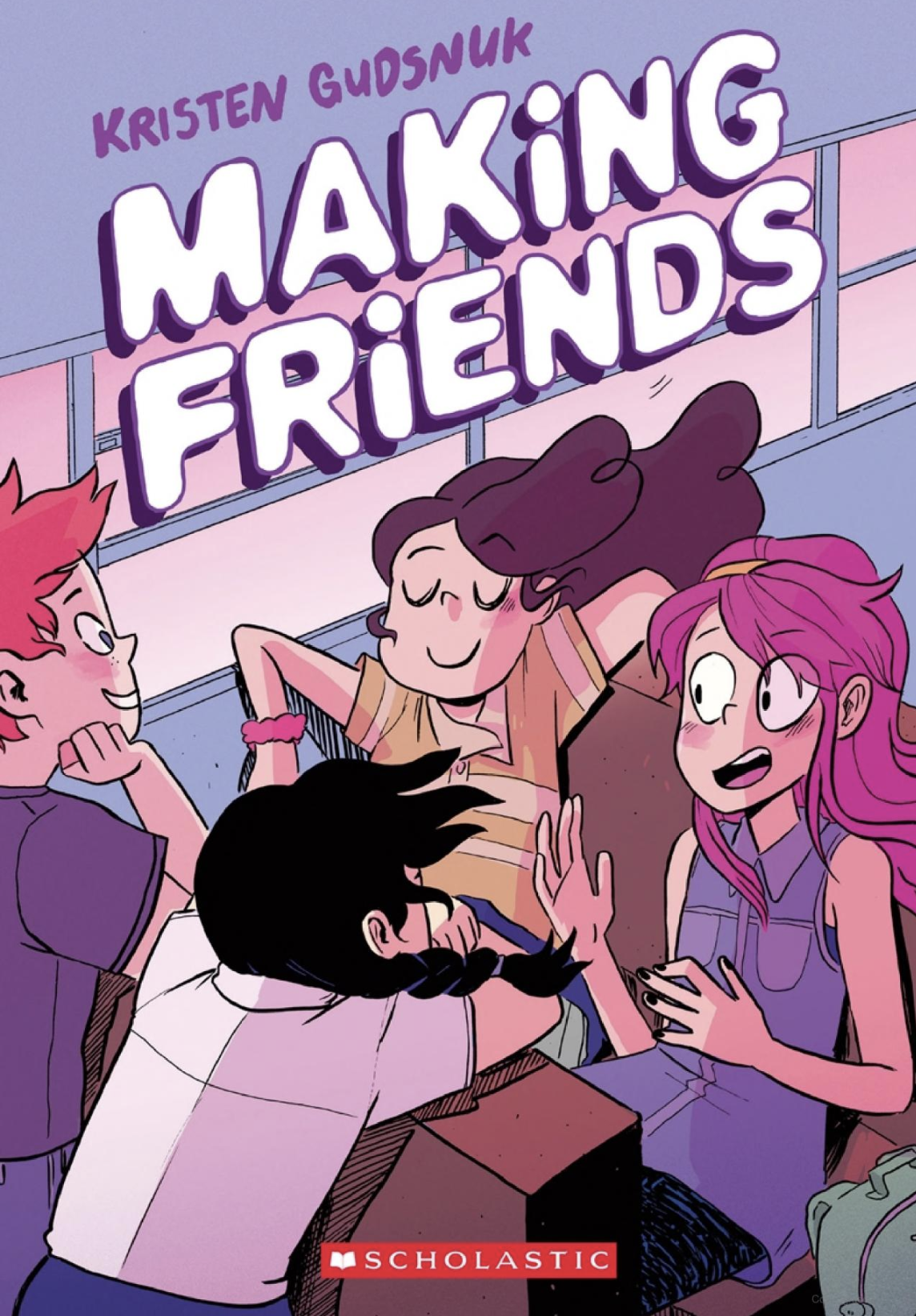 Book cover of the graphic novel "Making Friends" by Kristen Gudsnuk, the title written in a white but purple-outline font, with 4 teens engaging below the title, drawn in vibrant colors.