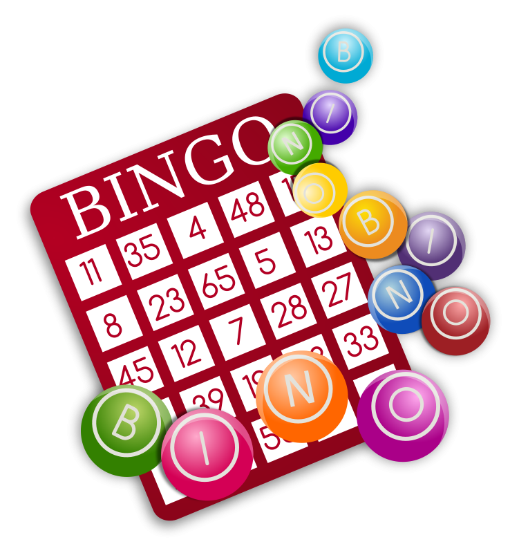 Image of a red Clipart Bingo Card with multicolored balls scattered around it spelling out BINGO as well.