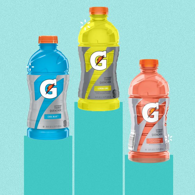 Image of blue, yellow, and red Gatorades bottles on a blue background, with long shadows beneath them.