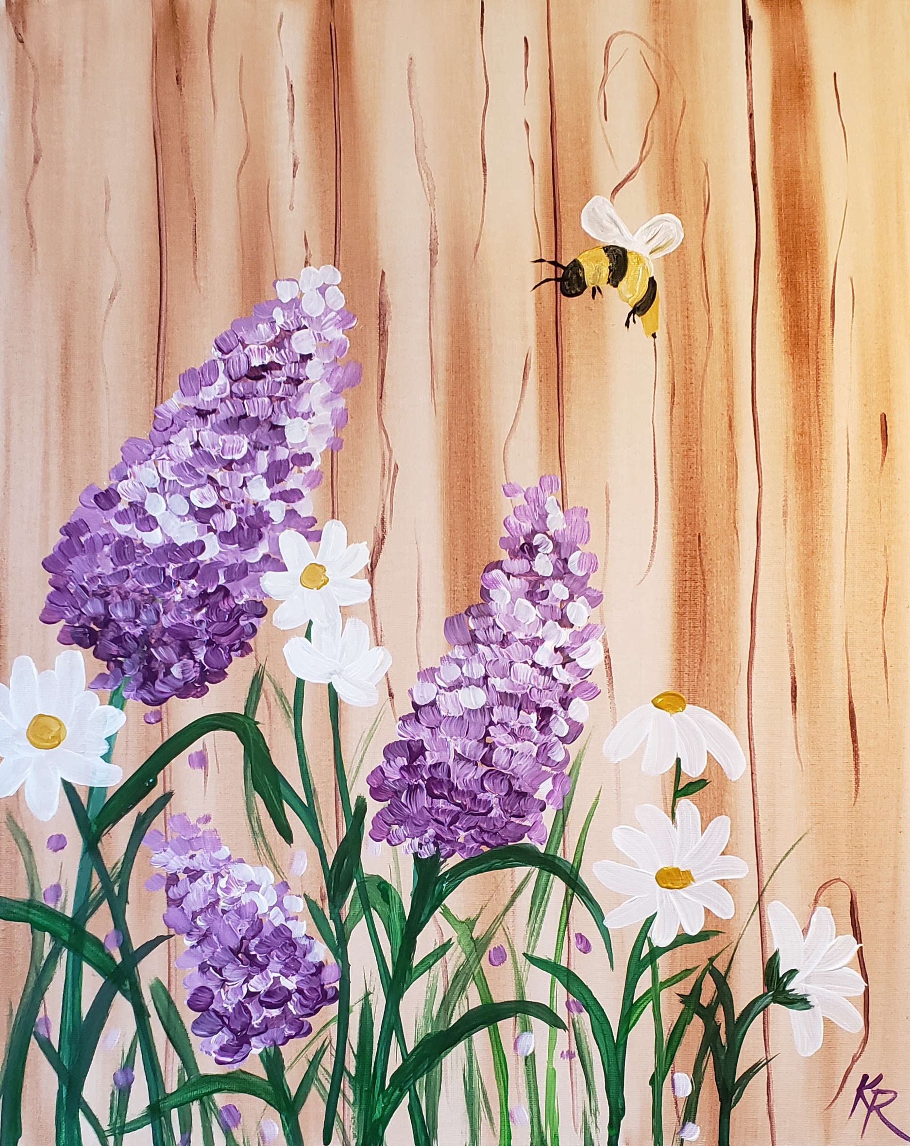 Image of an acrylic painting with lavender and daisy flowers and a flying bee 