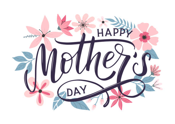 Image of pink flowers and blueish-green leaves surrounding the cursive words HAPPY MOTHERS DAY 