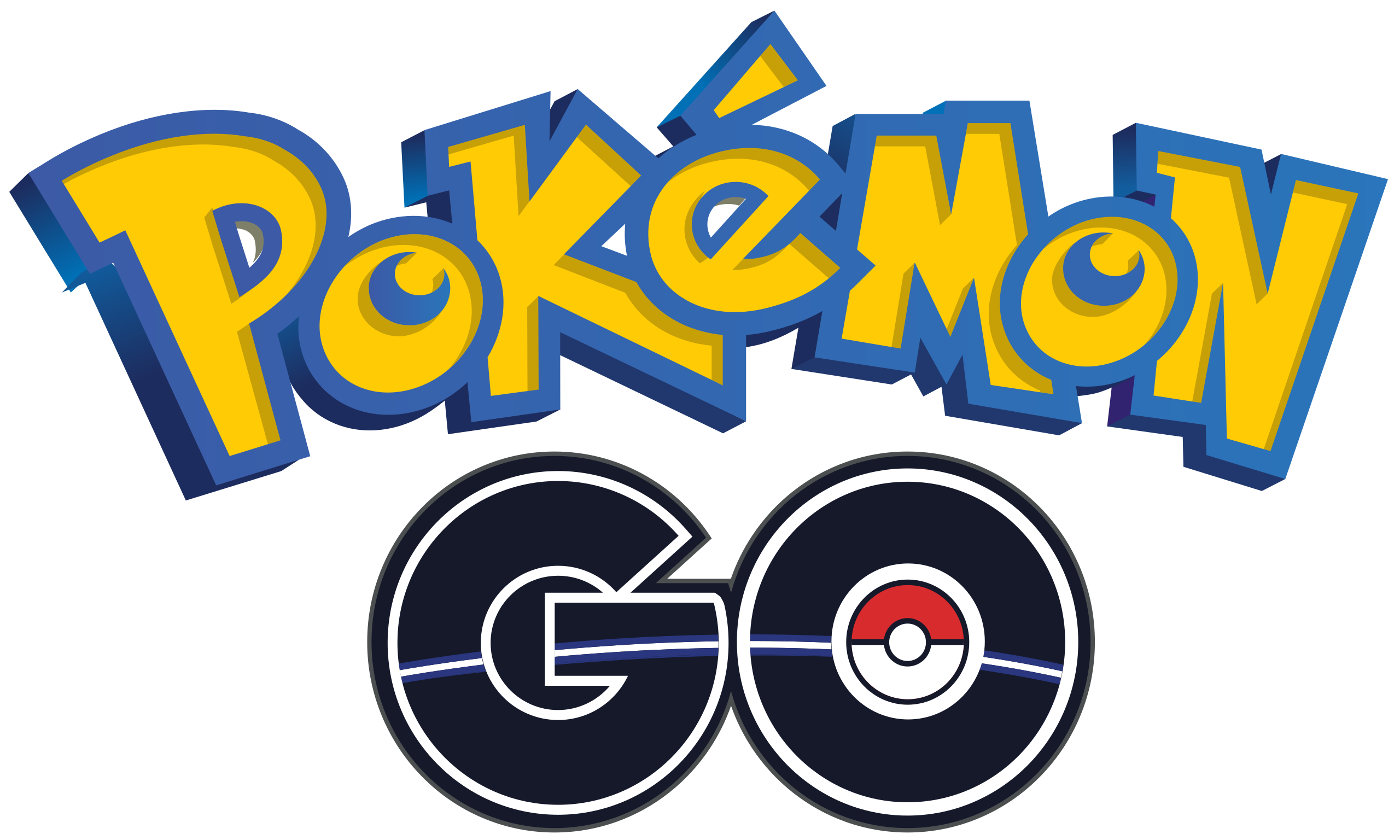 Pokemon Go Logo, Pokemon is written in yellow and blue lettering, and Go has a backdrop of outer space within the letters and a pokeball in the O of Go