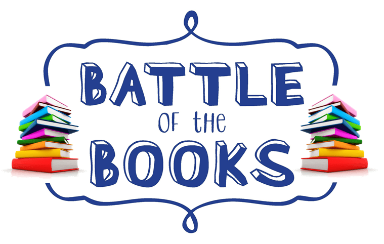 Image of blue words writing BATTLE OF THE BOOKS surrounded by blue swirls and two stacks of rainbow colored books.
