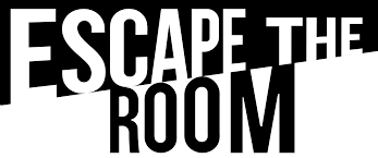 Black and white image of the words ESCAPE THE ROOM  tilted at an angle