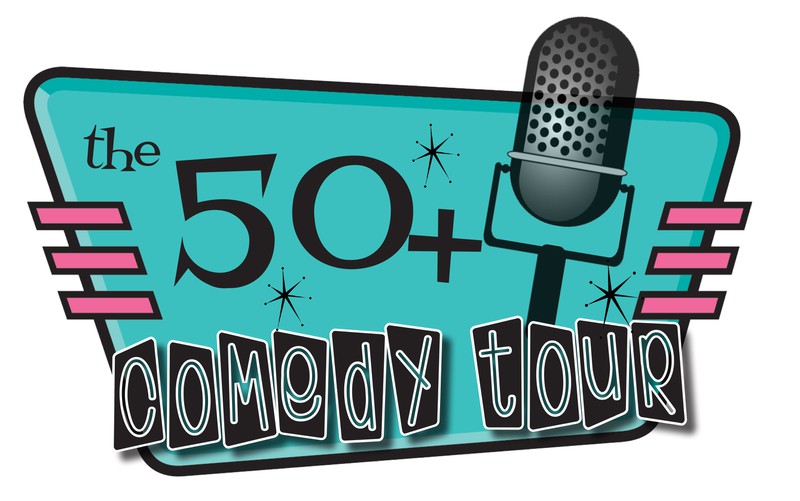 Clip art image of an old fashioned microphone written text in the background that says 50+ Comedy Tour