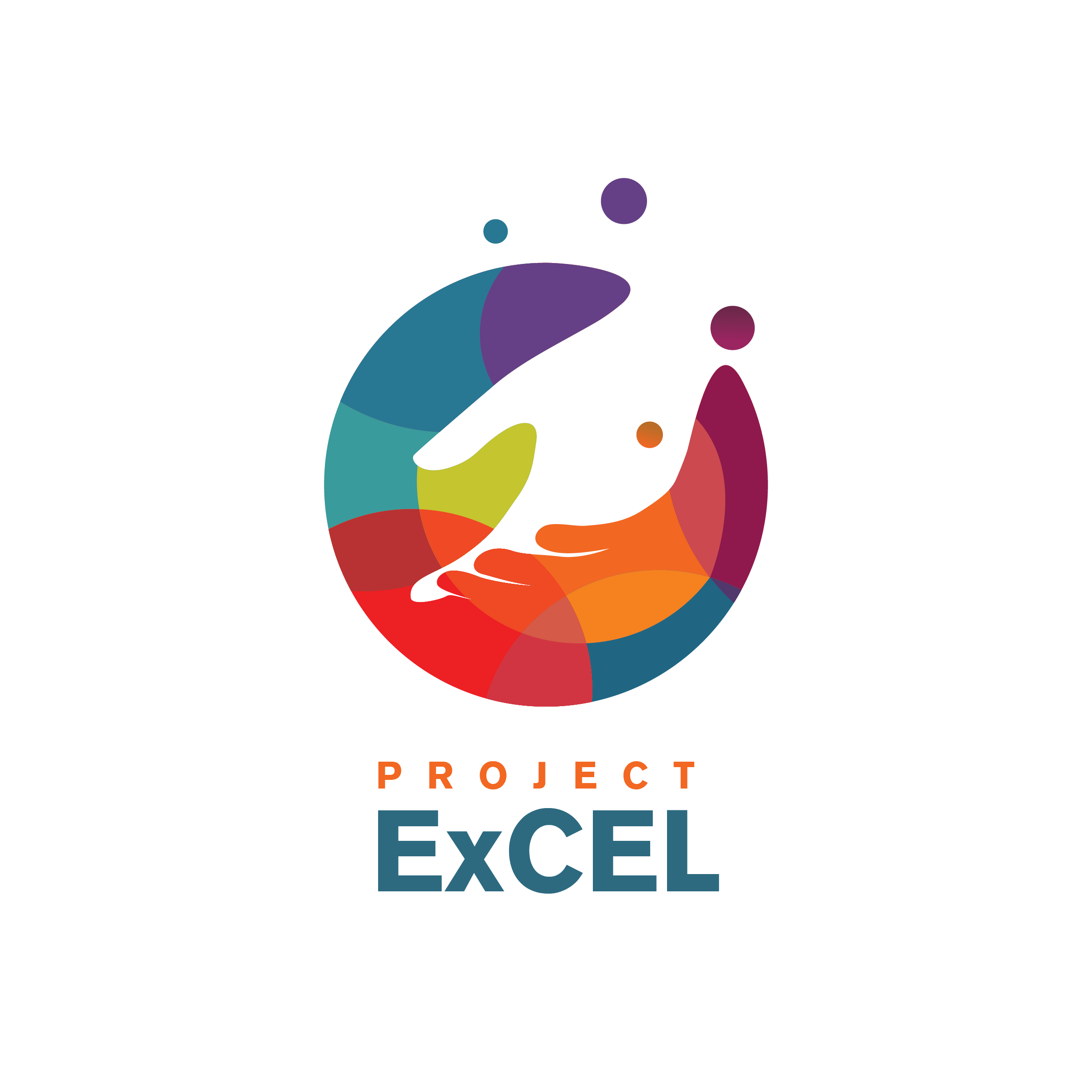 Image of the Project Excel logo, featuring a hand made of negative space amongst red, orange, green, blue, and purple overlapping circles, with the words PROJECT in orange, and ExCEL in blue.