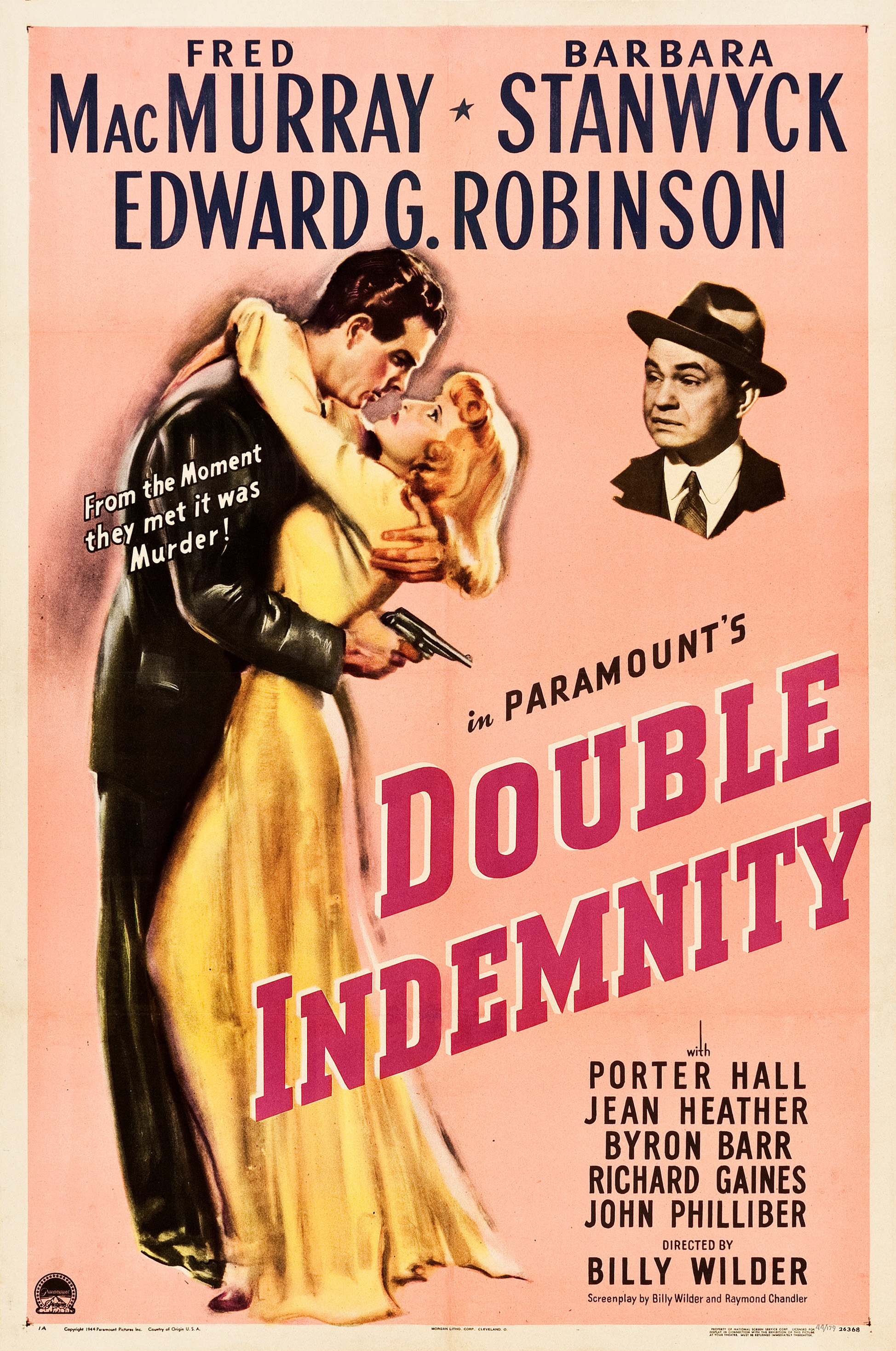 Movie poster of Double Indemnity with pink lettering depicting a man in a suit and a woman in a yellow dress hanging onto him