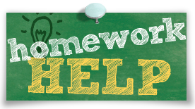 Green chalkboard with a blue pin in the top pinning it to a white background with the words homework HELP written on it in white and yellow chalk; there is also a lightbulb drawn in gray behind the word homework