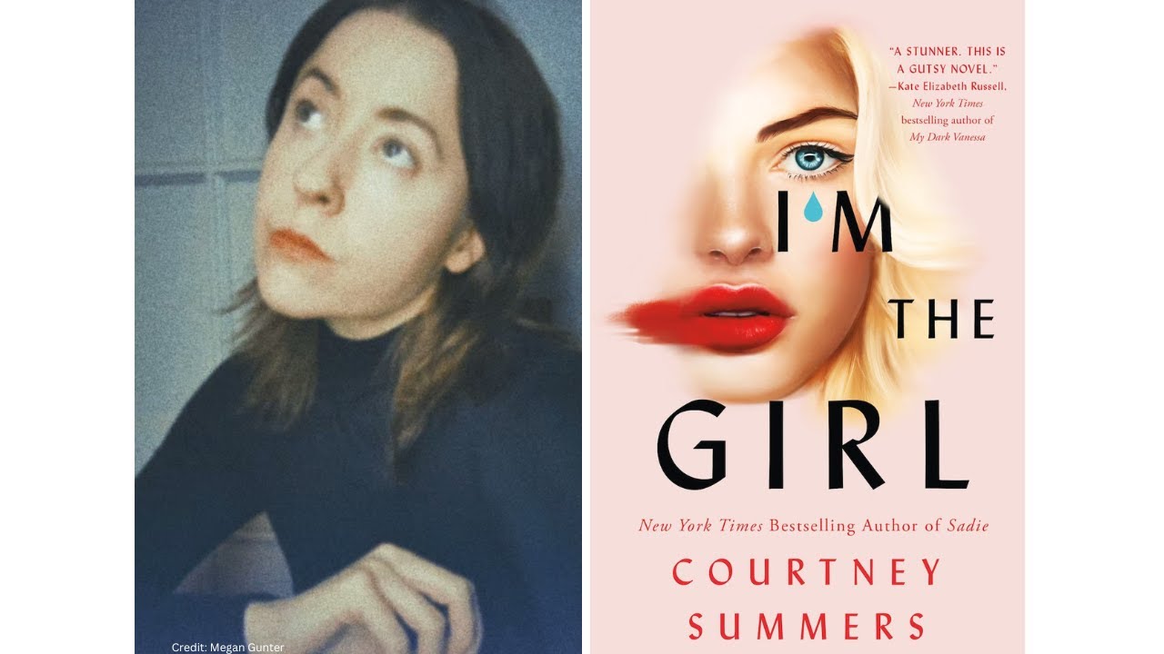 Split image with author Courtney Summers on the left dressed in black, and her book I'm The Girl on the right, which is a stylized image of a blonde woman over a a light pink background