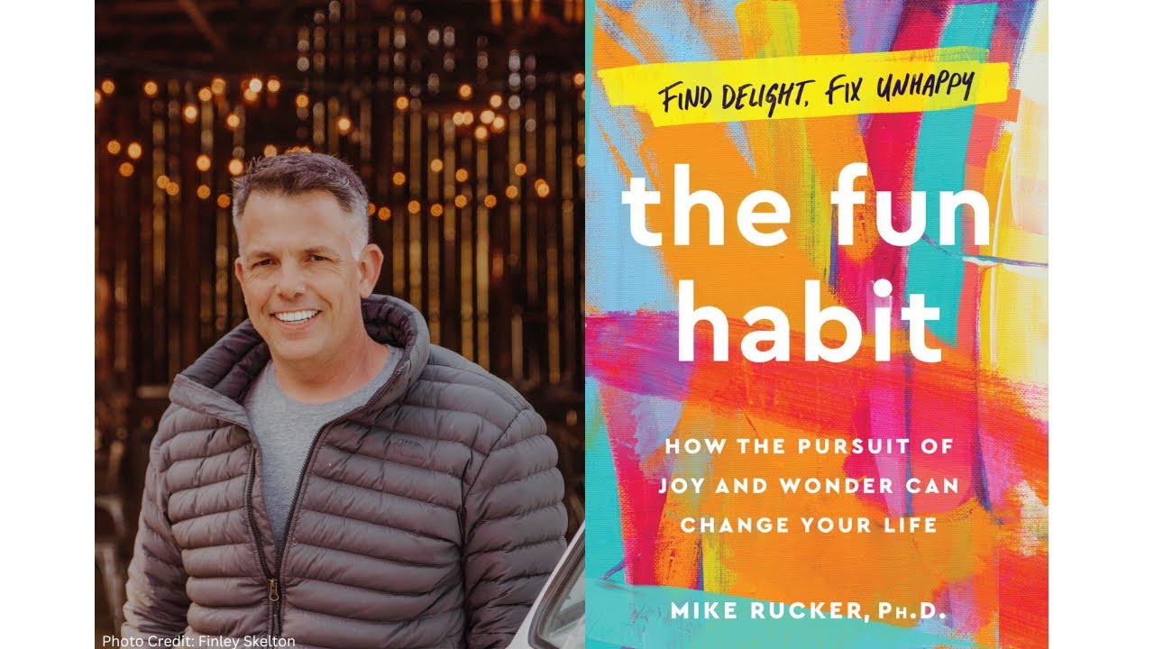 Split image with author Mike Rucker on the left in a gray jacket and the book the fun habit on the right displayed in a white font over a colorful orange, purple, red, and blue painted background
