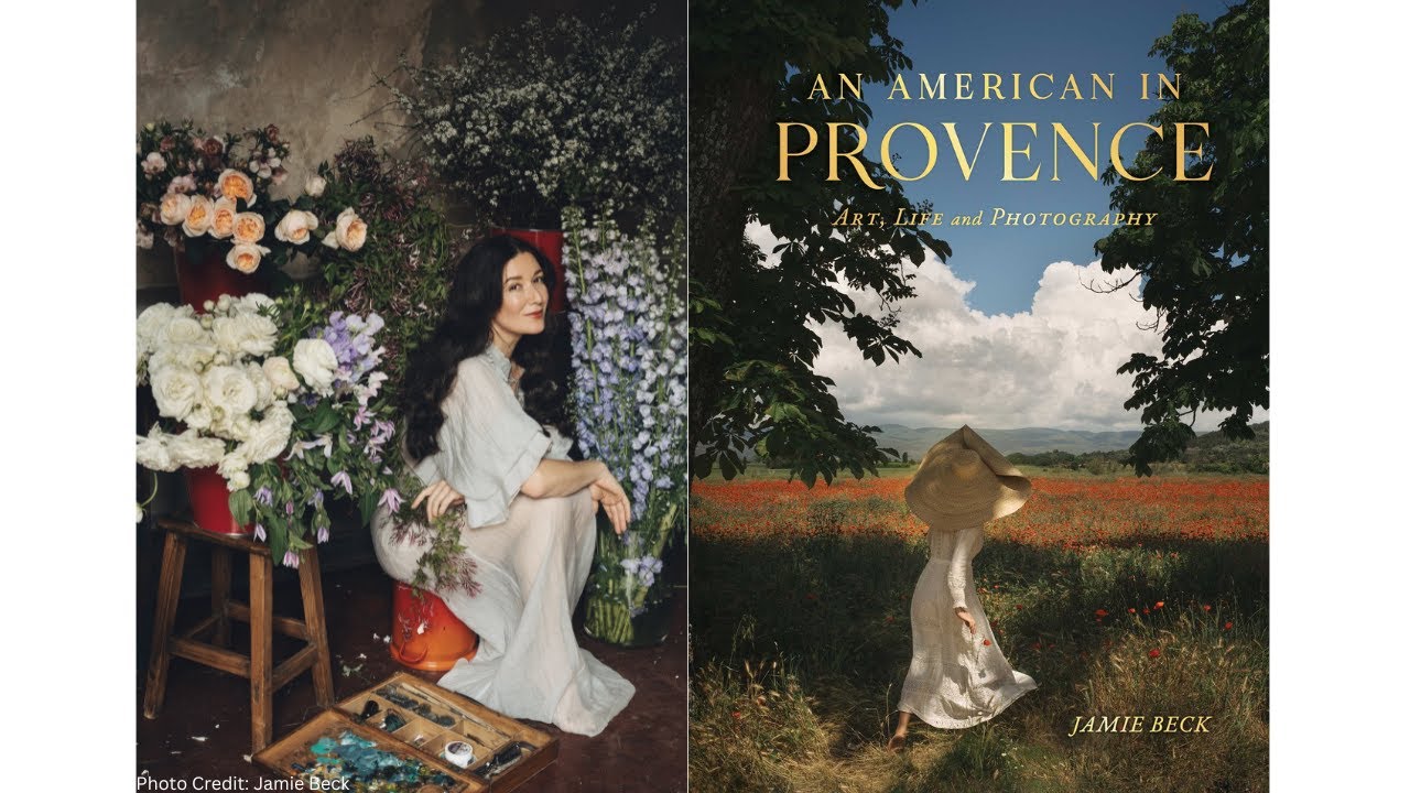 Split image with photographer Jamie Beck seen on the left with long black hair and a white dress and an image of her book An American in Provence on the right, depicting a woman in a dress looking out into a field below the title lettered in gold.