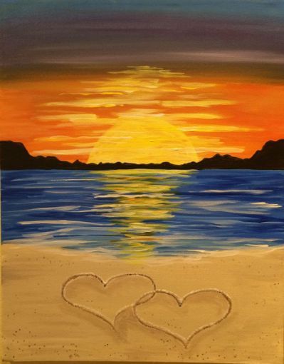 Canvas painting of a sunset over the water and 2 hearts drawn in the sand. 