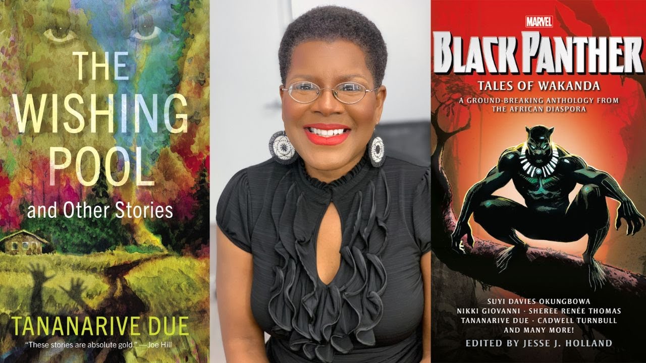 Image of Author Tananarive Due in a black dress wearing red lipstick and large earrings between her books, The Wishing Pool, and Black Panther: Tales of Wakanda
