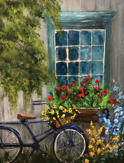 Image of a painting of a bicycle with flowers in the basket outside a window