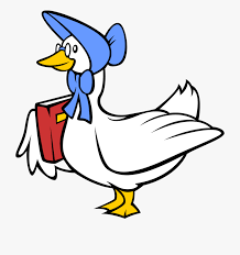 Clipart image of a goose with a bonnet on and book under its wing.