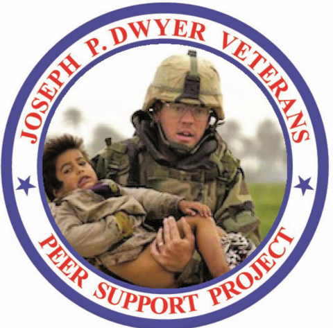 Joseph P. Dwyer Veterans Peer Support Project Logo featuring a soldier in camouflage carrying a child.