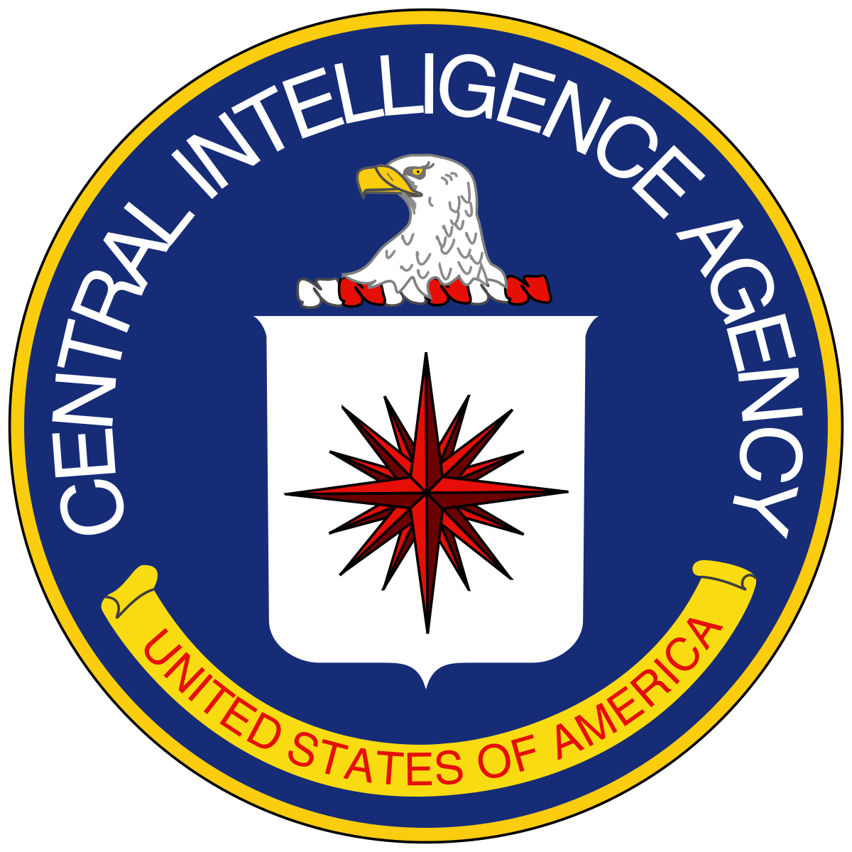 The CIA logo with a transparent background; the logo is a blue circle with an eagle and a red star in the middle, the words CENTRAL INTELLIGENCE AGENCY on the top of the circle, and a yellow banner with red lettering that says UNITED STATES OF AMERICA on the bottom of the circle. The circle is outline in yellow.