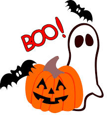 Clipart image of a jack-o-lantern, a ghost and 2 bats saying boo. 