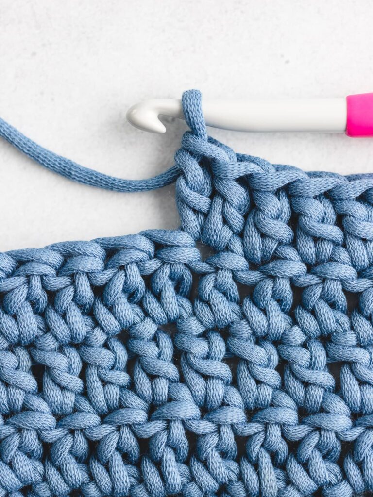 Image of a crochet project with a crochet hook. 